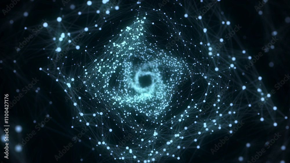 Poster Abstract 3d twisted portal. Square tunnel or wormhole. Digital background with connected green dots. 3d rendering.