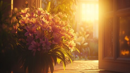 Fototapeta premium A stunning arrangement of flowers sits by an open door, illuminated by the warm morning sunlight. The vibrant colors create a serene atmosphere, inviting nature indoors.