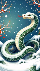 Obraz premium Snake a symbol of the year: Green Christmas tree with colorful ornaments and a snake curled around it, symbolizing the festive holiday spirit in a snowy winter landscape, perfect for New Year and Chri