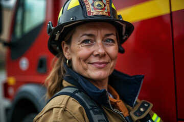 Smiling female firefighter, wearing a helmet and jacket, stands confidently next to a red fire truck.