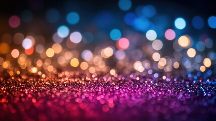 A vibrant array of particles in the air, resembling sparkles on a dark backdrop with a depth of field, creating beautiful bokeh light effects. Ideal for holiday presentations.