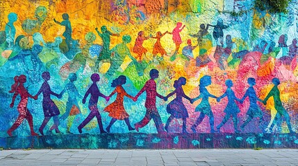 Naklejka premium A vibrant mural depicting diverse figures holding hands, symbolizing unity and community.