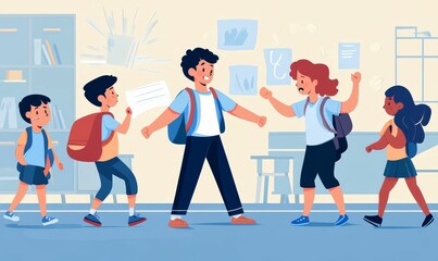 Fototapeta premium Students with backpacks walking, one arguing.