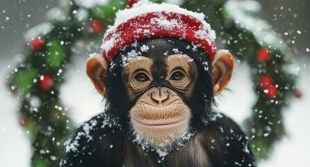 Cute chimpanzee wearing a red hat in the snow