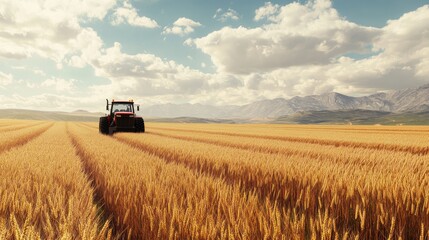 Fototapeta premium A red tractor in a golden wheat field under a blue sky with fluffy clouds, symbolizing agricultural productivity.