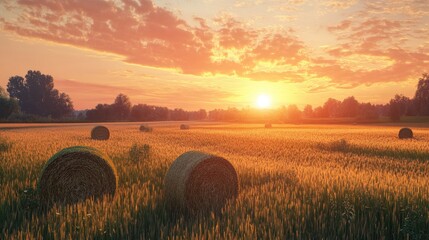Golden sunset over a wheat field with hay bales, creating a serene and tranquil atmosphere.