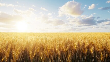 Golden wheat field under a bright sky at sunset, showcasing the beauty of nature.