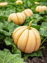 Obraz premium Vibrant yellow pumpkins growing in a garden