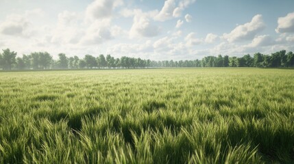 A vibrant field of lush green grass under a bright blue sky with fluffy white clouds.