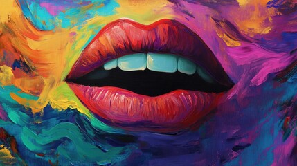 Fototapeta premium An expressive close-up of vibrant, colorful lips against an abstract background, showcasing bold reds and vivid hues.