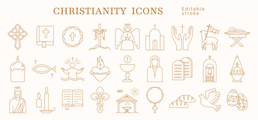 Obraz premium Set of linear outline icons of religious symbols related to Christianity, Church, Religion, God. Elements, Christmas, Easter, Epiphany, Jesus. Vector illustration. Editable stroke
