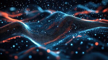 Fototapeta premium Abstract wave patterns in blue and orange illuminated against a dark background, creating a mesmerizing digital landscape.