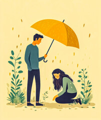 Young caucasian male comforts sad young caucasian female with yellow umbrella in garden