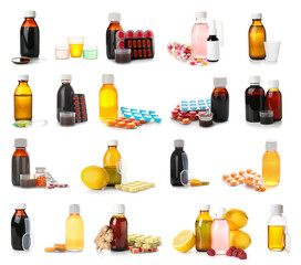Set of cough syrups and remedies on white background