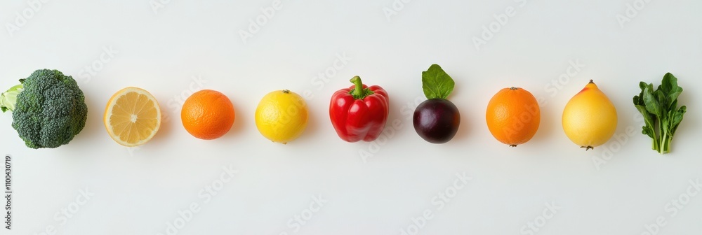 Poster a vibrant collection of fresh fruits and vegetables arranged neatly on a white background highlights