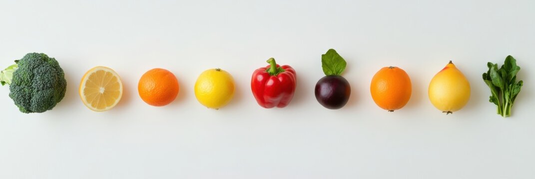 A vibrant collection of fresh fruits and vegetables arranged neatly on a white background highlights nutritional options for healthy eating. Generative AI