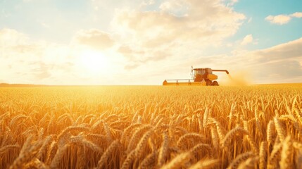 Fototapeta premium A golden wheat field at sunset with a combine harvester working, creating a serene rural landscape.