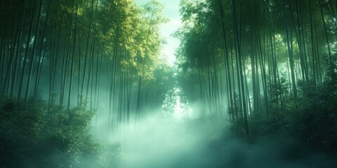 Naklejka premium Mystical bamboo forest path shrouded in fog.