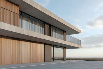 Fototapeta premium Modern minimalist beachfront house with wooden facade and glass balconies