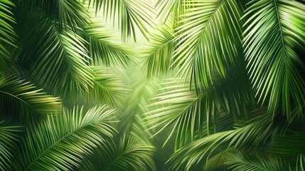 Obraz premium A vibrant arrangement of lush green palm leaves creates a serene, tropical atmosphere.