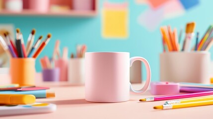 DIY gift with a personal touch, featuring a custom-designed mug, placed among art supplies in a vibrant workspace.