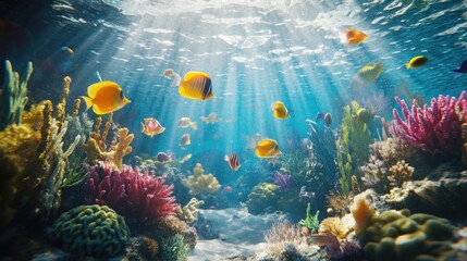Obraz premium A vibrant underwater scene showcasing colorful tropical fish and coral reefs.