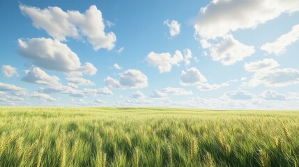 Obraz premium Vast golden wheat field under a bright blue sky with fluffy white clouds.