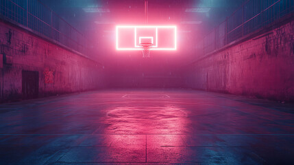 Neon-lit indoor basketball court at night with wet floor and futuristic vibe