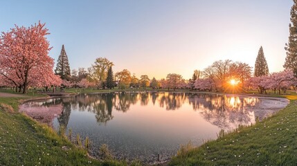 Fototapeta premium Serene Cherry Blossom Lake View with Scenic Sunset Reflection Panorama