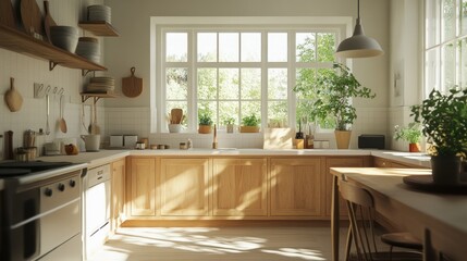 Sunlit Modern Kitchen Interior with Plants and Wooden Furniture, Warm and Inviting Atmosphere