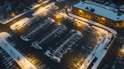 A high angle view of a parking lot where the snow has been removed. Winter snow removal concept - snow plow, facility management and maintenance services. Nighttime.