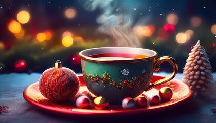 Fototapeta premium 크리스마스 분위기의 찻잔 속에서 김이 오르는 차와 옆에 놓인 작은 과자