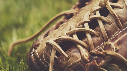 A baseball glove with a focus on the laces, outdoor setting with a grassy field, Vintage style