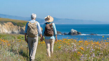 Elderly caucasian couple hiking along coastal flower path with scenic ocean view