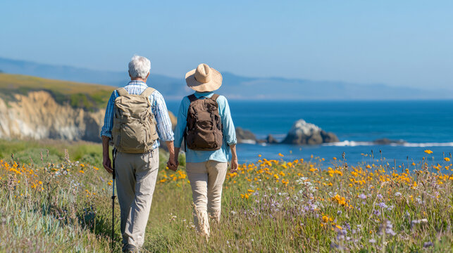 Elderly caucasian couple hiking along coastal flower path with scenic ocean view - Powered by Adobe