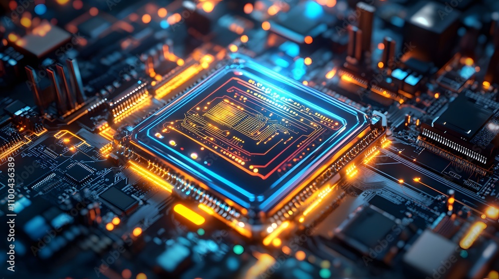 Poster sci fi processor unit surrounded by pulsating digita ai generated illustration