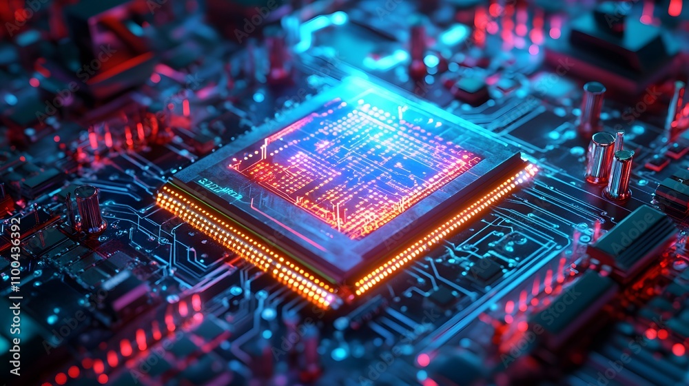 Poster sci fi processor unit surrounded by pulsating digita ai generated illustration