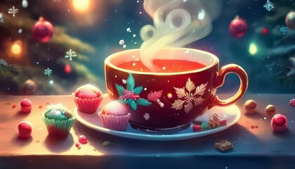 Fototapeta premium 크리스마스 분위기의 찻잔 속에서 김이 오르는 차와 옆에 놓인 작은 과자