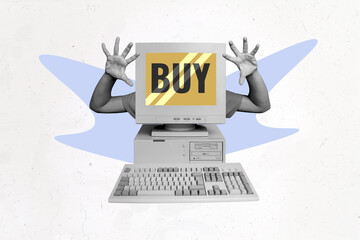 Creative collage computer monitor screen display boo scare frighten hands palms headless caricature...