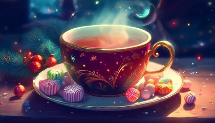 Fototapeta premium 크리스마스 분위기의 찻잔 속에서 김이 오르는 차와 옆에 놓인 작은 과자