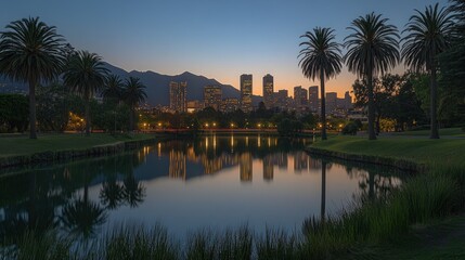 City skyline reflected in calm lake at dusk, surrounded by palm trees and green grass.