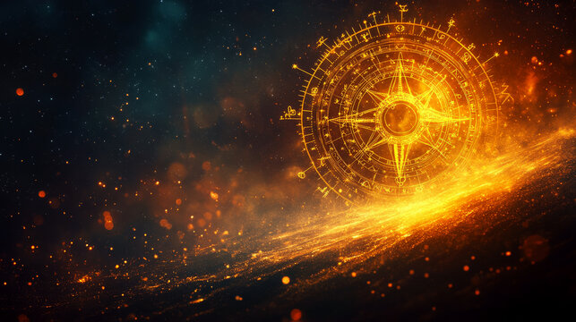 A glowing, intricate astrological compass floats in space with fiery details. Concept of mystical guidance and astrology. For themes of magic and divination.