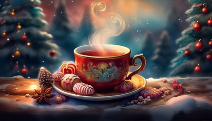 Obraz premium 크리스마스 분위기의 찻잔 속에서 김이 오르는 차와 옆에 놓인 작은 과자
