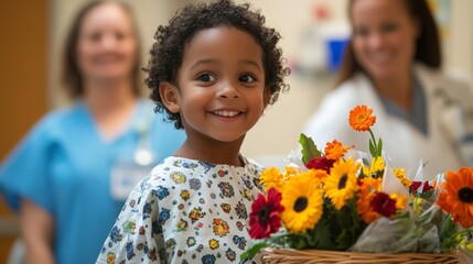 A young child in a colorful hospital gown presents a vibrant basket of flowers to smiling healthcare professionals. This heartwarming moment enhances the atmosphere of care and positivity.