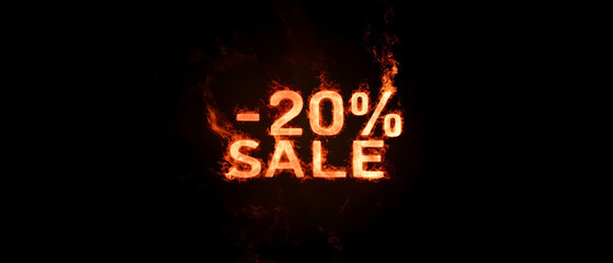 hot -20% sale sign isolated over black background; firely numbers & words with twenty percent off discount announcement; concept of amazing offer, hottest winter sale, etc
