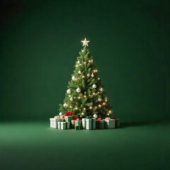 Fototapeta premium Christams background Indoor photo of realistic green christmas tree with some blinkers and green wrapped gifts under the tree on a green empty room, all same tone of green