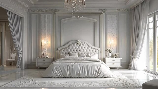 Luxury white master bedroom interior 4K Video