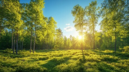 Obraz premium Sunlit Forest Scene With Lush Green Undergrowth