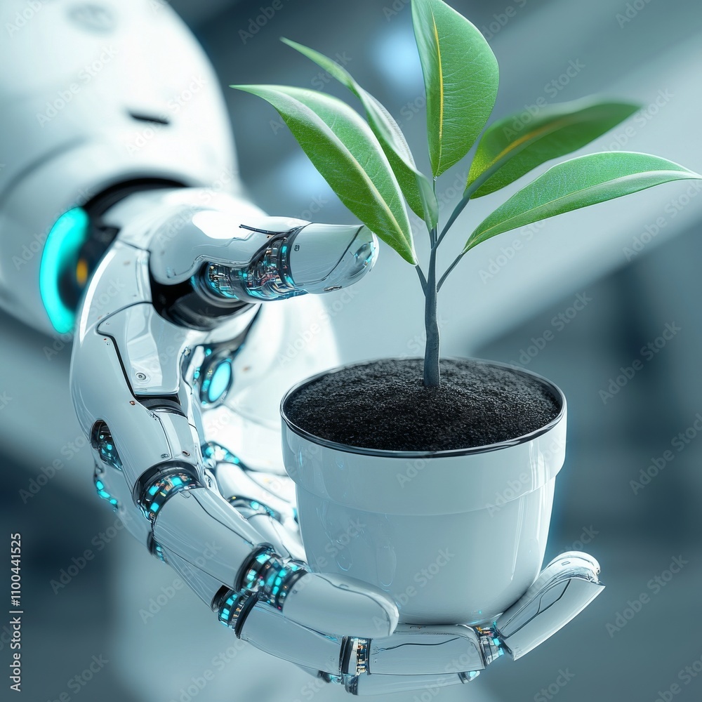 Poster a robot gently holds a digital plant pot. this shows how technology helps the environment. it combin