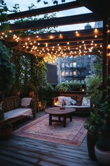 Fototapeta premium Romantic rooftop garden, string lights, cozy seating.